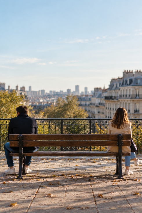 Couple assis &agrave; distance sur un banc apr&egrave;s une s&eacute;paration